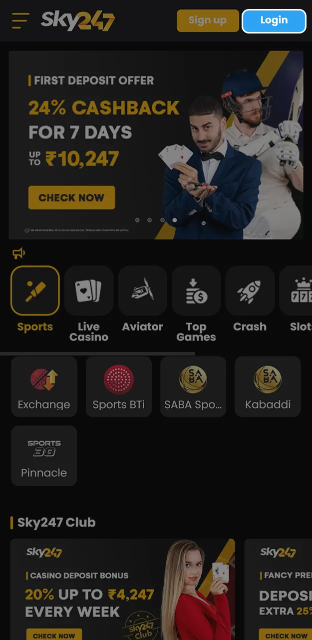 Log in to Sky247 to start playing slots.